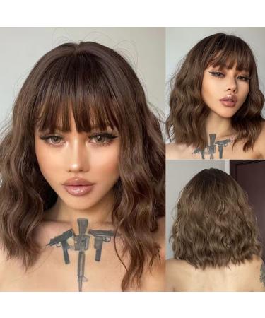 Haircube short charming bob with bangs wigs for woman nature heat -resistant synthetic fiber party/cosplay/costume/daily wig (brown) brown4071