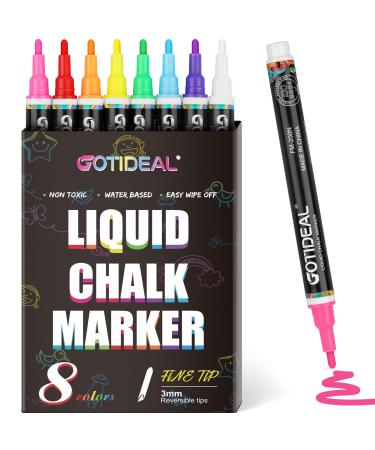 GOTIDEAL Liquid Chalk Markers, Fine Tip 8 Colors Washable Window Chalkboard Glass Pens, Paint and Drawing for Car, Blackboard, & Bistro,Kids and Adults, Non-Toxic,Wet Erase - Reversible Tip 3mm-8 Colors