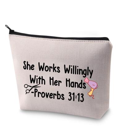 BLUPARK Hairdresser Cosmetic Bag Hair Stylist Gift She Works Willingly With Her Hands Proverbs 31:13 Inspirational Gift She Works Willingly-Hairdresser