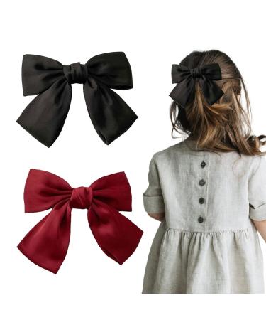 Hair Clip with Bow Bow Hair Women's Hair Bows French Large Bow Hair Clips Hair Clip for Girls Soft Silky Satin Hair Clip for Party Women (Black Red)