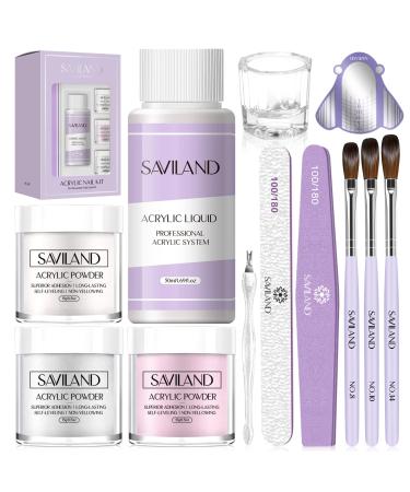 Saviland Acrylic Nail Kit - 45g White Pink Clear Acrylic Powder and Liquid Set with 3 Sizes Acrylic Nail Brush/Nail File/Nail Forms/Dappen Dish for Beginners Nail Extension Carving Acrylic Nail Set B- clear white pink