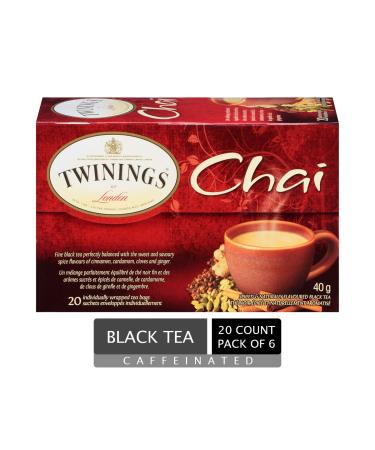 Twinings Chai Individually Wrapped Tea Bags | Sweet & Savoury Cinnamon Cardamom Cloves & Ginger | 20 Count (Pack of 6) | Enjoy Hot or Iced Chai 20 Count (Pack of 6)