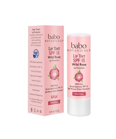 Babo Botanicals 70+% Organic Tinted Mineral Lip Conditioner SPF 15, Water-Resistant Lip Balm, Wild Rose - 0.15 oz.