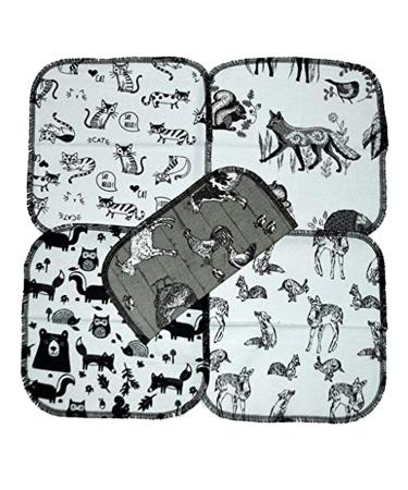 1 Ply Printed Flannel 8x8 Inches Little Wipes Set of 5 Black and White Animals