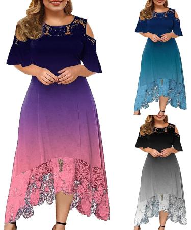Plus Size Summer Dress for Women - Gradient Print, Lace Detail, Short Sleeve, Loose Fit - 3X-Large Purple - Buy Online on SooperMarket.com