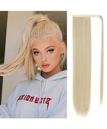 Silk-co Clip in Ponytail Wrap Around Hairpiece Straight Pony Tail Hair Clip on Extension 28 Long hair smooth Heat-Resisting Fiber Hairpiece for Women Blond&Bleach Blond 28 Inch Blond&Bleach Blond