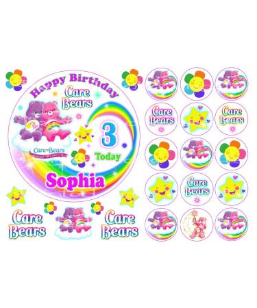 Edible Care Bears 6" Icing Rainbow Personalised Cake Topper + 15 Cupcake Toppers