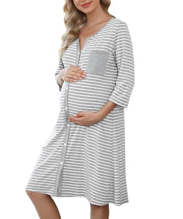 Marvmys Maternity Nightdress For Hospital Breastfeeding Nightwear 3/4 Length Sleeves Nursing Nightgown Button Down Sleep Shirt V Neck Pajama Soft Loungwear For Pregnant Women A-light Grey XL