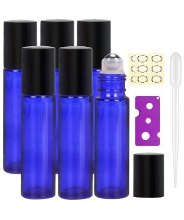 Yalbdopo Essential Oil Roller Bottles - 6Pcs 10ml Refillable Cobalt Blue Glass Roll on Bottles with Black Lids 12 Pcs Labels Dropper & Opener Included - Perfect for Fragrance Aromatherapy