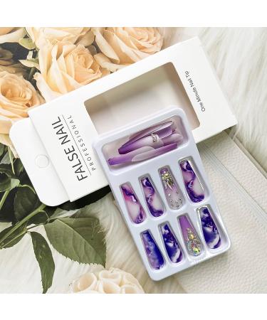 24Pcs Purple Rhinestone Long Coffin Press on Nails - Full Cover Acrylic Matte Artificial Luxury Nails for Women and Girls - Buy Online on SooperMarket.com