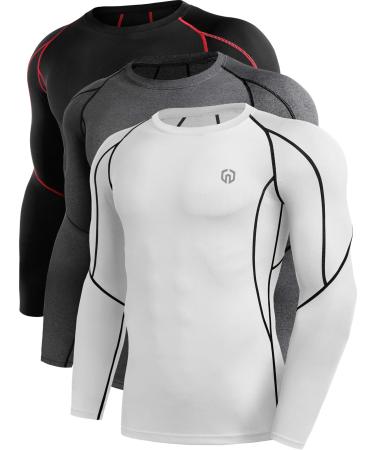 NELEUS Men's 3 Pack Dry Fit Long Sleeve Compression Shirts Workout Running Shirts Large 5030 Black (Red Stripe)/Grey/White 3 Pack