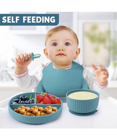 Baby Feeding Set: Silicone Bib, Suction Bowl, Spoon, Fork - Grey | Toddler Utensils for Baby Led Weaning (6 Months+) - Buy Online on SooperMarket.com