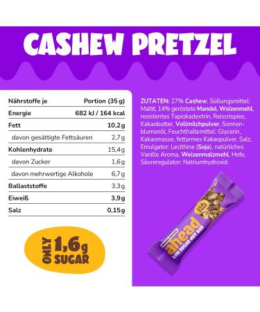AHEAD Cereal Nut Bars 70% less Sugar* | Chocolate coated Keto Bars 0g added sugar - 12x35g - With Cashew Pretzel & Dark Chocolate - Gluten Free Keto Snacks for Diabetics Cashew Pretzel 12 count (Pack of 1) - Buy Online on SooperMarket.com