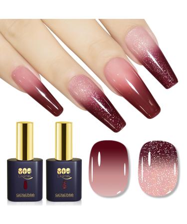 YTD Likomey Gel Polish Set 15ml Color Changing Nude Pink Burgundy Red and Glitter Nails Gel Kit Fall Winter Thermal Ombre Change Colors Translucent Salon Manicure UV Nail Vernis 2 Pcs 0.5 Oz 2-nude Pink Burgundy Red 15 ml (Pack of 2)