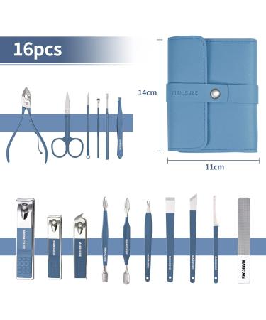 Sumwitum 16 PCS Manicure Set - Stainless Steel Professional Nail Care Kit with Leather Case - Great Gift for Women, Men, Friends, Parents - Blue - Buy Online on SooperMarket.com