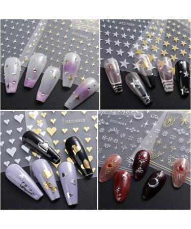 10 Sheets Metallic Nail Art Stickers - Self-Adhesive Decals with Glitter Stars, Moon, Love Heart - Gold & Silver Designs for Women DIY Nail Art - Buy Online on SooperMarket.com