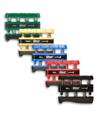 PROHANDS Gripmaster Hand Exerciser Finger Exerciser (Hand Grip Strengthener) Spring-Loaded Finger-Piston System Isolate & Exercise Each Finger Set of Five (XX-Light/X-Light/Light/Medium/Heavy) Green Yellow Blue Red Black - Gripmaster
