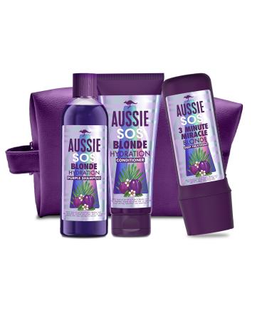 Aussie Blonde Gift Bag Purple Shampoo Womens Gift Sets - Shampoo and Conditioner Set + 3 Minute Miracle Hair Mask Hair Care Gift Set with Make Up Bag For Blonde or Silver Hair 225ml/200ml/290ml