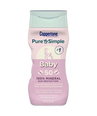 Coppertone Pure and Simple Baby Sunscreen SPF 50 Lotion, Zinc Oxide Mineral Sunscreen for Babies, Tear Free, Water Resistant, Broad Spectrum SPF 50 Sunscreen, 6 Fl Oz Bottle