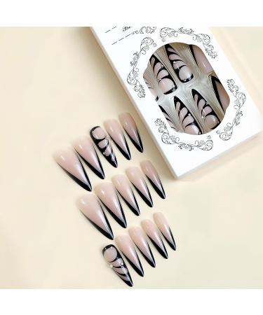 Buy MISUD Long Stiletto Press on Nails - Glossy Black French Tip Fake Nails with Rhinestones & Butterfly Design - 24 pcs Acrylic Nail Set - Fast International Shipping - Buy Online on SooperMarket.com