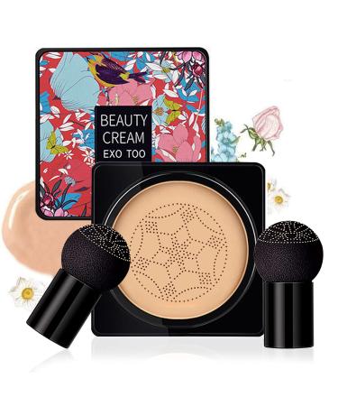 Mushroom Head Air Cushion CC Cream Foundation  Moisturizing BB Cream   Long Lasting Matte Concealer with 2PCS Mushroom Head Sponges (Natural)
