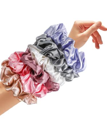 6-Piece Oversized Satin Hair Tie Set - Soft Silk Elastic Ponytail Holders for Girls in Champagne White Silver Gray Light Pink Bean Red Light Blue - Buy Online on SooperMarket.com