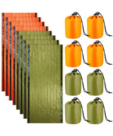 8 Pack Emergency Sleeping Bag Lightweight Thermal Survival Sleeping Bag Waterproof Mylar Emergency Blankets Portable Bivy Sack Survival Gear for Outdoor Camping Hiking Adventure Green and Orange