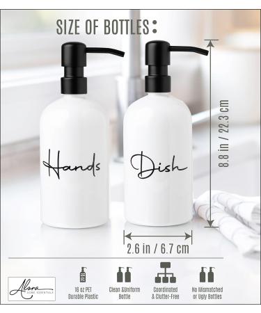 Alora Hand Soap Dispenser and Liquid Dish Soap Dispenser for Kitchen Sink - Set of 2 - Black Metal Pumps - Reusable Plastic Bottle with Easy to Read Lettering - Countertop Replacement Refill Set of 2 (16 Ounce) White - Buy Online on SooperMarket.com