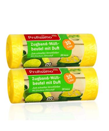 Profissimo Drawstring Bin Liners with Fresh Citrus Scent - 30 Lites (40 POCES) - Pack of 2 (2 x 20 items) - Ideal for Office HouseHold and Bathroom 20 pieces (2 Pack)