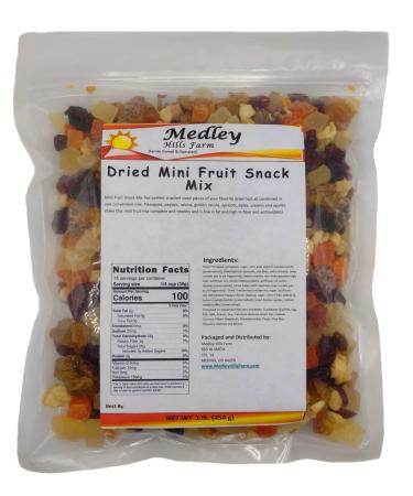 Medley Hills Farm dried Mini Fruit Snack Mix | Pineapple, papaya, raisins, golden raisins, apricots, dates, craisins and apples | 1 lb