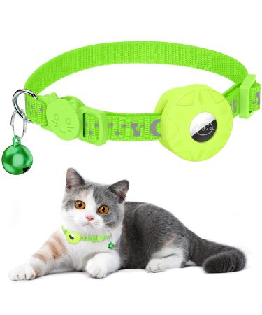 Airtag cat neck band integrated cat collar Airtag with Airtag holder and bell reflective cat neck tape with a stoppable safety buckle for kitten puppies (green)