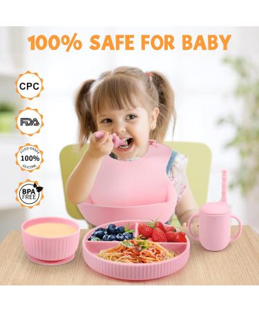 Baby Feeding Set - Silicone Bib, Suction Divided Bowl, Spoon & Fork - Toddler Utensils - Pink (6 Months) | Baby Led Weaning Supplies - Buy Online on SooperMarket.com