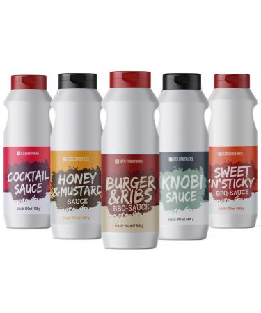 Sizzlebrothers Grillsaucen Set 5 x 500 ml |Cocktail sauce Honey & Mustard sauce Burger & Ribs BBQ Sauce Knobi Sauce Sweet 'N' Sticky BBQ Sauce |Grill sauce dip & dressing