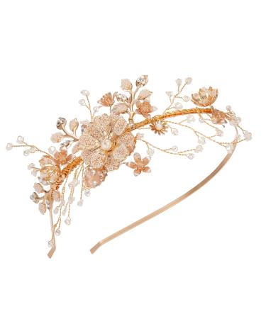 SWEETV Flower-Leaf Bridal Headband Gold Crystal Tiara for Women Pearl Wedding Headpieces for Bride Hair Accessories for Prom Birthday Party