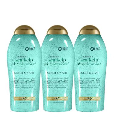 OGX Hydration + Sea Kelp & Hyaluronic Acid Sulfate-Free Lightly Moisturizing Body Scrub with Black Rice, Gentle Exfoliating Daily Body Wash to Soften & Smooth Skin, 19.5 Fl Oz (pack of 3)