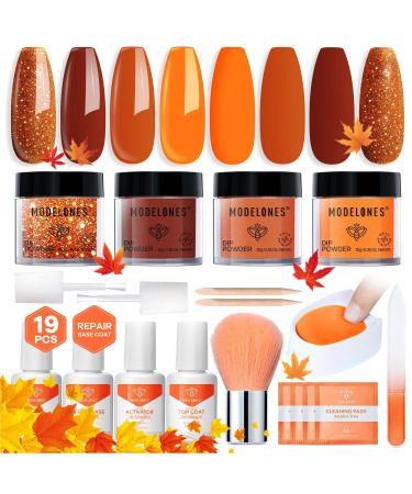 MODELONES Dip Powder Nail Kit Starter 4 Colors Fall Orange Brown Glitter Dipping Liquid Set with Base Top Coat Activator Halloween Art Manicure Beginner DIY Salon All-in-One Gift Beige Orange