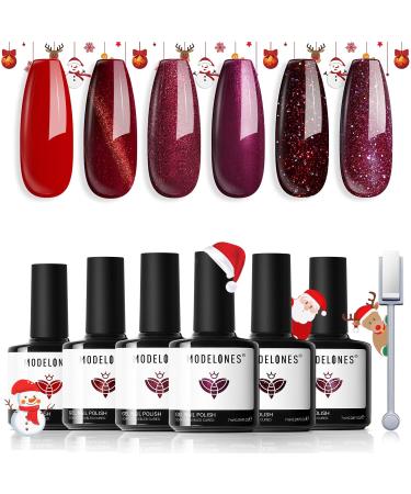 Modelones Gel Nail Polish 6 Colors Red Purple Glitter Gel Polish Fall Colors Cat Eye Chameleon Shimmer Burgundy Gel Polish Soak OFF LED Nail Art Gel Manicure Salon DIY Nails Gift