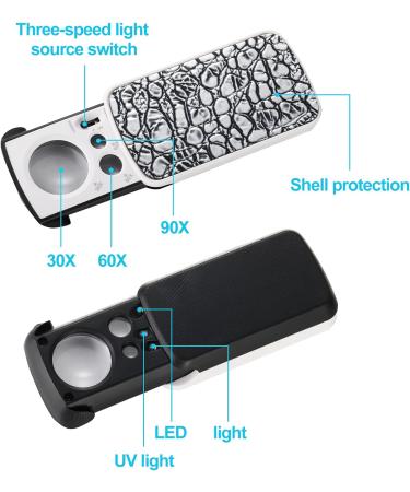 3 Pieces Jewelers' Loupe  30X 60X 90X Illuminated Jewelers Eye Loupe Magnifier  Portable Loupe Magnifier with UV Black Light  with 10x Loupe Magnifier for Jewelry Coins Gems Stamps Watches Rocks - Buy Online on SooperMarket.com