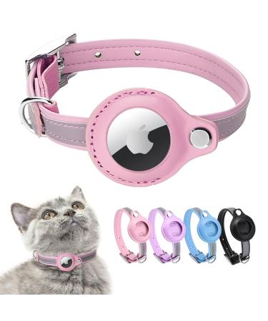 Mouyou Airtag cat neck band leather Airtag collar cat with safety lock collar with holder airtag case for tracking big cat and small dog adjustable from 28-37cm pink