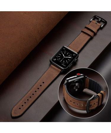 OUHENG Genuine Leather and Rubber Hybrid Band for Apple Watch 49mm/45mm/44mm/42mm - Brown/Black Adapter - Sweatproof Band for iWatch Series 8 7 6 5 4 3 2 1 SE2 SE - Buy Online on SooperMarket.com