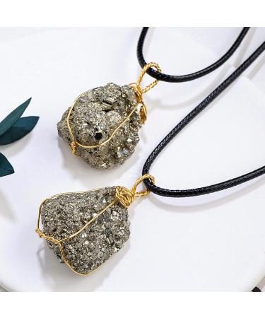 Pyrite Crystal Pendant - Natural Gold Wire Wrapped Raw Pyrite Necklace for Men Handmade Healing Gemstone Pendant Necklace with Black Macrame Cord Frifer - Buy Online on SooperMarket.com