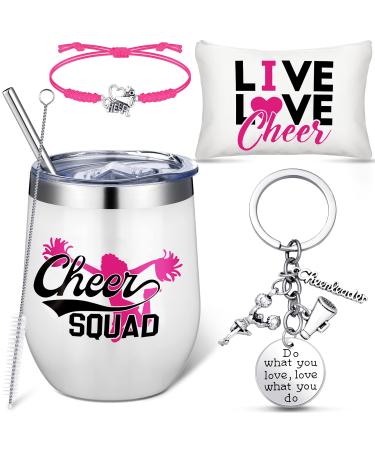 4 Pcs Cheerleader Gifts Set for Girls 12 oz Cheerleader Gifts Tumbler Cheer Makeup Bag Adjustable Cheerleading Bracelet Cheerleader Charm Keychain Cheer Squad Gift Bottle for Teens Kids Accessories