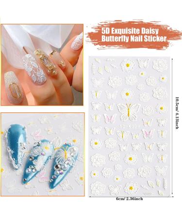 Embossed Self-Adhesive Nail Stickers - AIBEE 5D Butterfly Flower Decals (3 Sheets) - DIY Nail Decoration for Girls Women - Black/White - Buy Online on SooperMarket.com