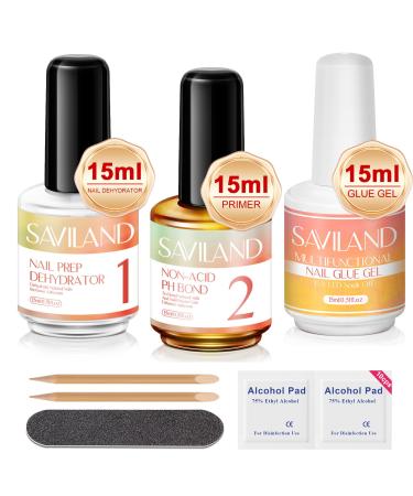 SAVILAND Nail Dehydrator and Primer Gel X Nail Glue: 15ml Nail Prep Gel X Super Strong 6 in 1 Nail Glue Non-Acid No Lift Nail Primer and Dehydrator for Gel Polish Press Ons Gel X Kit DIY Nail Art
