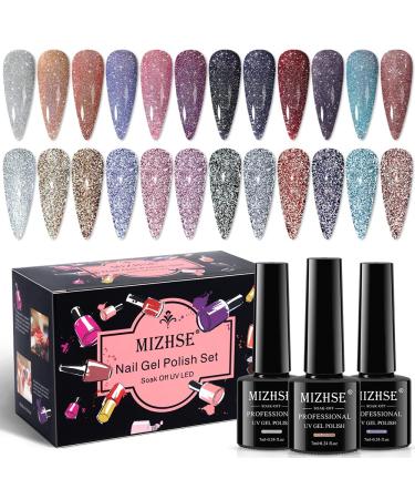 MIZHSE Reflective Glitter Gel Nail Polish Kit 12 Pcs, Colorful Sparkly Diamond Soak Off UV LED Gel Polish Home Manicure Nail Art Salon 7 ml
