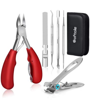 Softal professional footnail nail clipper super sharp nail tongs for thick & ingrown hard toenails.Stainless steel Pedicure Knipser toenail cutters.Nail file and soft handle nail scissors set 6-part set red+silver