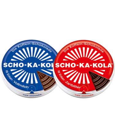 Dark Chocolate and Milk Chocolate SCHO-KA-KOLA with Natural Caffeine from Cocoa Cola-Nut-Powder and Coffee 2 tins x 100 g / Germany