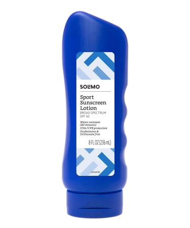 Amazon Brand - Solimo Sport Sunscreen Lotion, SPF 50, Reef Friendly (Octinoxate & Oxybenzone Free), Broad Spectrum UVA/UVB Protection, 8 Fluid Ounce ReefFriendly 8 Fl Oz (Pack of 1)