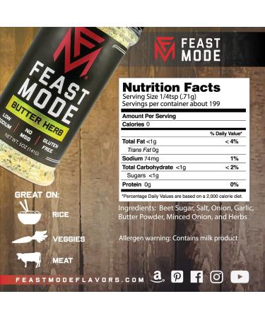 Feast Mode Flavors Butter Herb Seasoning - Low Sodium, No MSG, Gluten Free, All Natural - Healthy Meal Prep Seasoning with Onion, Butter Powder, and Parsley - Buy Online on SooperMarket.com
