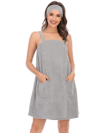 Veseacky Women's Bath Towel with Pocket Adjustable Bathrobe and Face Band S-3XL Gray XL